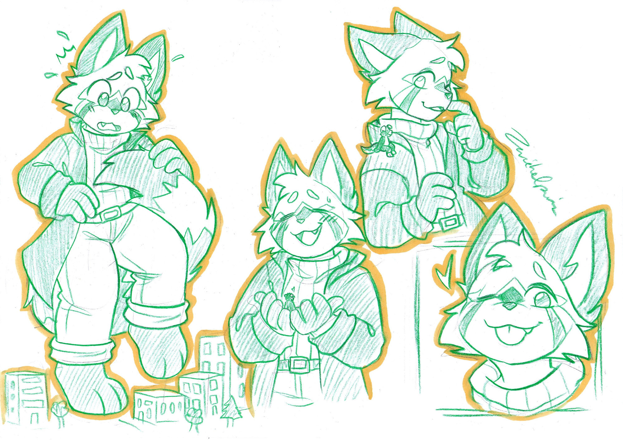 A macro raccoon  in multiple sketched poses. they are tiptoeing through a city and holding a micro in another of the sketches. they are very careful about it