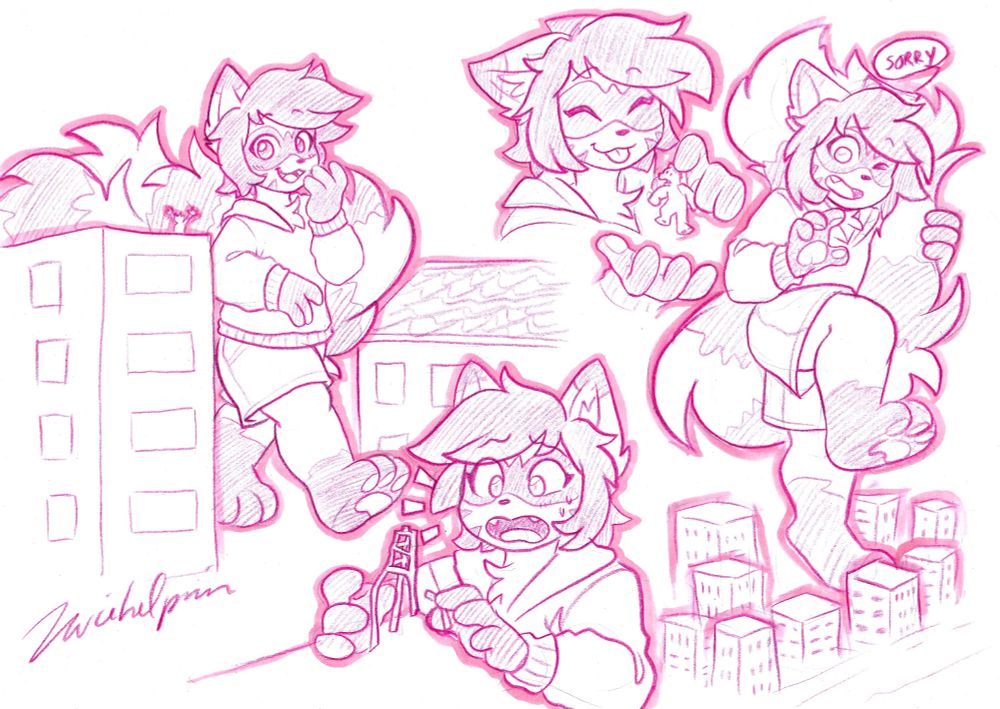 sketchpage of a raccoon character accidentally breaking stuff in the city cause they are so big