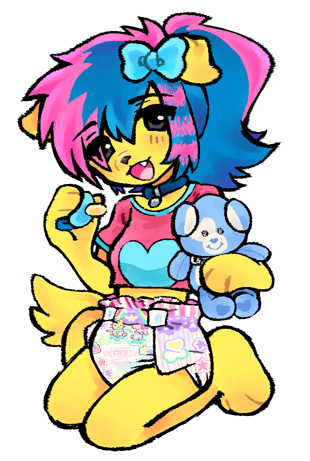 Puppy on her knees holding a pacifier and plush with half-lidded eyes